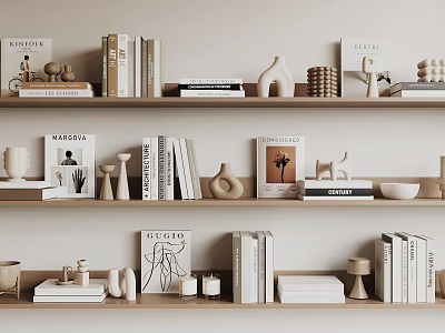 Minimalist Decorative Ornament Set With Books On Neutral Wooden Shelves Home 3d model