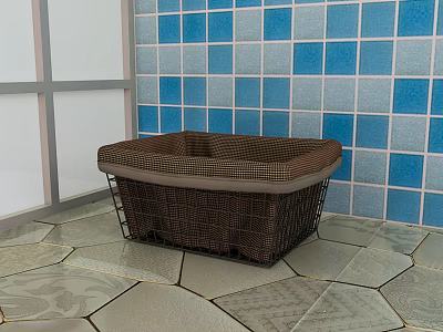 Brown Wicker Storage Basket With Checkered Lid Against Blue Tiled Wall And Hexagonal Floor Tiles 3d model