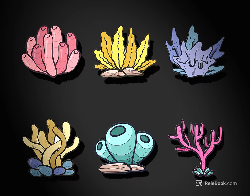 Colorful Coral and Seaweed Shaped Wall Decor with Vibrant Hues and Various Designs 3d model 