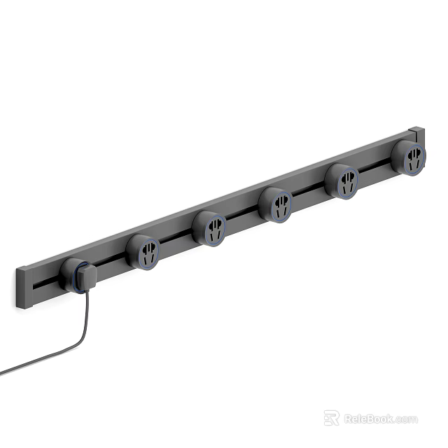 Modern Gray Long Strip Switch Panel With Multiple Outlets And Connected Cable 3d model 