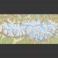 3D Topographic Terrain Model With Mountain Ranges And Water Bodies