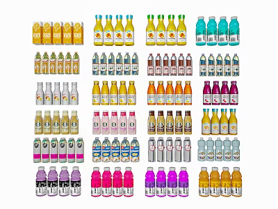 Assorted Bottled Beverages with Various Colors and Different Flavors Arranged Neatly 3d model