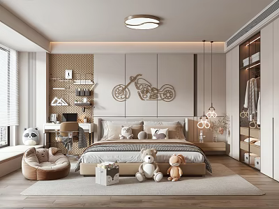 Cozy Kids Room Interior With Bed Teddy Bears Motorcycle Wall Decor Desk And Wardrobe 3d model