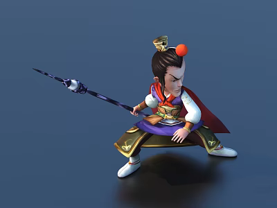 Traditional Game Character Holding Spear Red Cape And Golden Decorations Battle Stance 3d model
