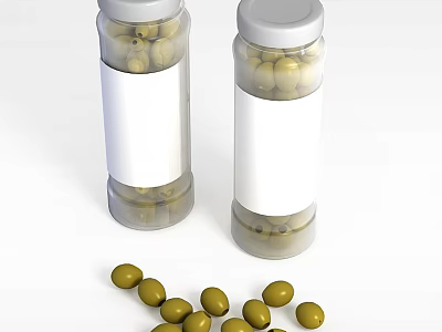 Glass Jars With White Labels Containing Olives And Scattered Olives Around 3d model