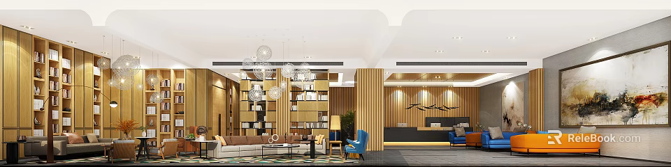 Modern Hotel Lobby Interior With Pendant Lights Wooden Decor And Reception Desk 3d model 