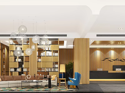 Modern Hotel Lobby Interior With Pendant Lights Wooden Decor And Reception Desk 3d model
