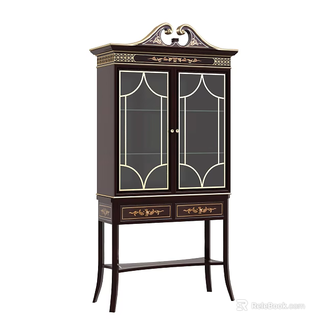 Elegant Dark Wood Decorative Cabinet With Glass Doors And Intricate Carved Details 3d model 