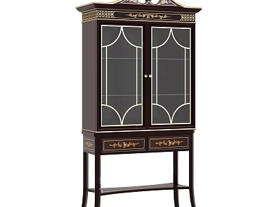 Elegant Dark Wood Decorative Cabinet With Glass Doors And Intricate Carved Details 3d model