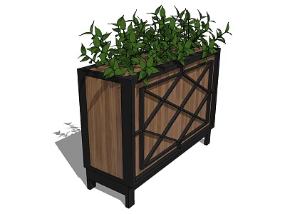 Wooden Flower Planter With Black Metal Cross Frame And Green Plants 3d model