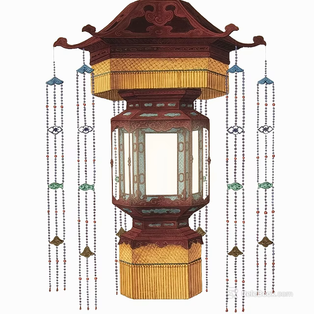 Hanging Traditional Chinese Decorative Lantern With Wooden Frame Colorful Tassels And Ornate Details 3d model 