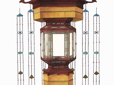 Hanging Traditional Chinese Decorative Lantern With Wooden Frame Colorful Tassels And Ornate Details 3d model