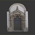 Classical Architectural Doorway Featuring Arched Top Intricate Carved Details And Wooden Panel Door