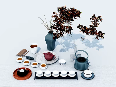 Tea Set With Teapot Matching Cups Tray Vase And Green Plants On White Background 3d model