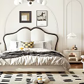 Stylish Elegant Bedroom Interior With Black Headboard Bed Chandelier Black White Rug And Green Plant