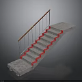 Concrete Staircase Design With Red Accent Steps And Wooden Metal Handrail