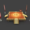 Traditional Chinese Ceremonial Platform With Square Steps Red Banners And Fu Character Carpet