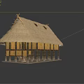 Traditional Thatched House with Straw Roof and Wooden Pillars in Rural Setting