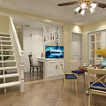 Warm Restaurant Interior With Round Dining Table Blue Seats White Cabinets And Yellow Flowers