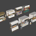 Various Modern Market Stalls With White Canopies And Product Displays