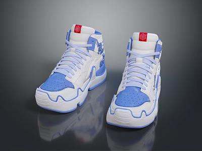 Blue And White High Top Sneakers With Red Label And Wavy Sole Design 3d model
