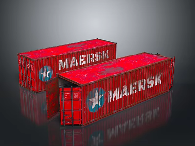 Two Red Maersk Storage Containers As Household Supplies With Open Door And Closed Unit 3d model