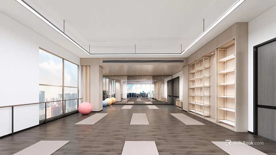 Modern Yoga Fitness Studio with Wooden Floor Mats Exercise Balls Large Windows and City View 3d model 