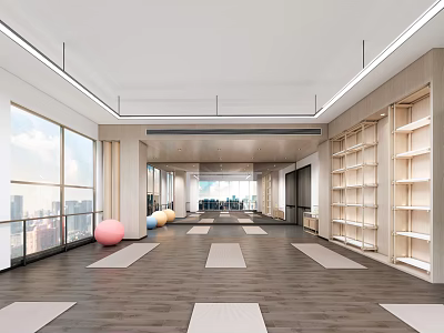 Modern Yoga Fitness Studio with Wooden Floor Mats Exercise Balls Large Windows and City View 3d model
