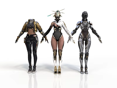 Three Futuristic Humanoid Figures With Cybernetic Armor And Stylish Outfits Design 3d model