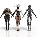 Three Futuristic Humanoid Figures With Cybernetic Armor And Stylish Outfits Design