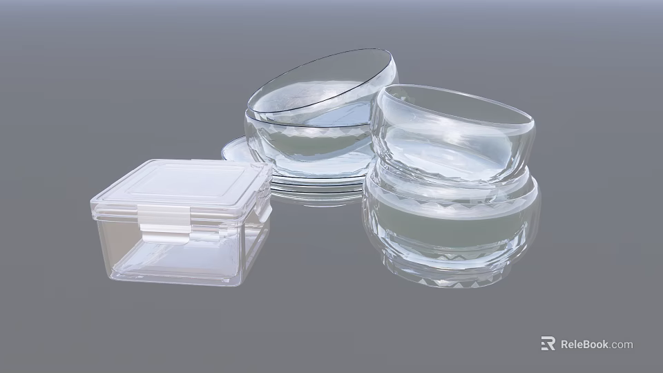 Transparent Kitchen Storage Containers Including Square Lidded Boxes And Stackable Round Bowls 3d model 