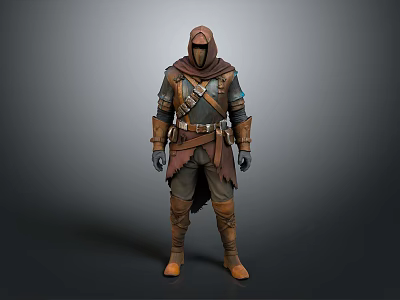 A Male Adventurer In Hooded Leather Armor With Brown Cloak Belt And Gloves 3d model