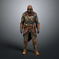 A Male Adventurer In Hooded Leather Armor With Brown Cloak Belt And Gloves