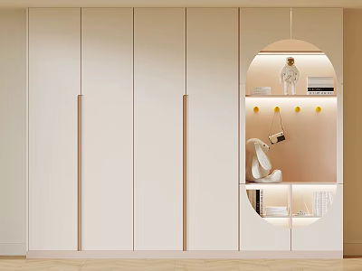 Modern White Wardrobe With Panel Doors and Round Mirror Display Featuring Decorative Shelves and Hooks 3d model