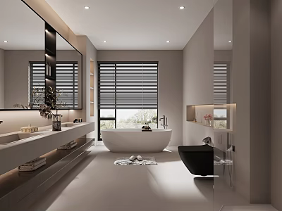 Modern Bathroom Interior Design With Freestanding Bathtub Double Vanity Large Mirror And Window Blinds 3d model