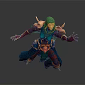 Fantasy Game Character With Green Hood Golden Accents Extended Hands And Crouching Stance