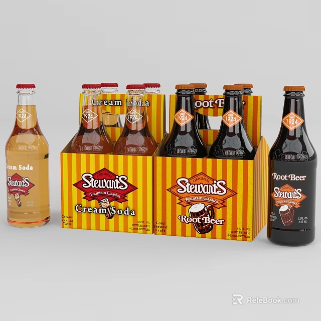 Stewarts Cream Soda And Root Beer Bottles With Glasses For Refreshing Beverages 3d model 