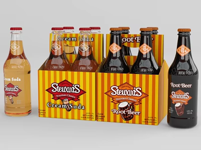 Stewarts Cream Soda And Root Beer Bottles With Glasses For Refreshing Beverages 3d model