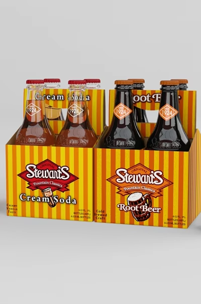 Stewarts Cream Soda And Root Beer Bottles With Glasses For Refreshing Beverages 3d model