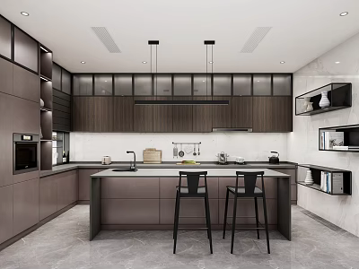 Modern Kitchen Interior Design With Dark Wood Cabinets Island Counter And Bar Stools 3d model