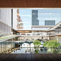Contemporary Office Complex With Glass Curtain Walls And Urban Street Pedestrians At Dusk