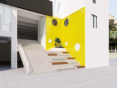 Outdoor Staircase With White Handrail Yellow Wall Circular Windows And Plants On Steps 3d model
