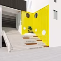 Outdoor Staircase With White Handrail Yellow Wall Circular Windows And Plants On Steps