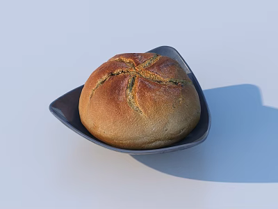 Golden Brown Round Bread With Cross Shaped Cuts In Black Bowl 3d model