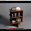 Wooden Sleek Bookcase With Multiple Shelves Radio Decorative Light And Stacked Books