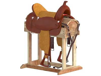 Brown Leather Saddle Placed On Wooden Stand With Straps And Padding 3d model