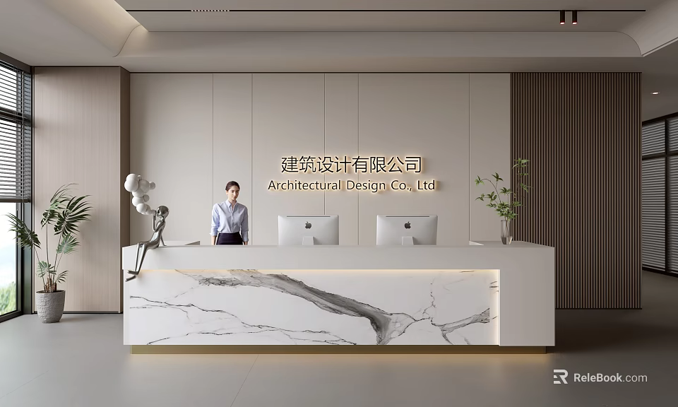 Modern Front Desk Reception With Marble Countertop Computer Monitors And Green Plants 3d model 