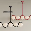 Poliform Modern Wave Shaped Chandelier With Black Red Frame And White Spherical Bulbs