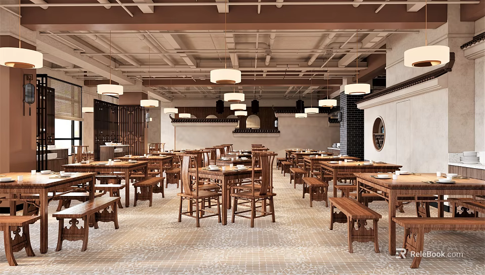 Traditional Restaurant Interior Design With Wooden Dining Tables And Pendant Lights 3d model 
