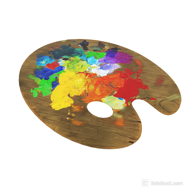 Colorful Wooden Art Palette With Vibrant Paints And Round Hole Design 3d model 